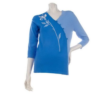 Bob Mackies Flower Embroidered V-neck Sweater - A200159