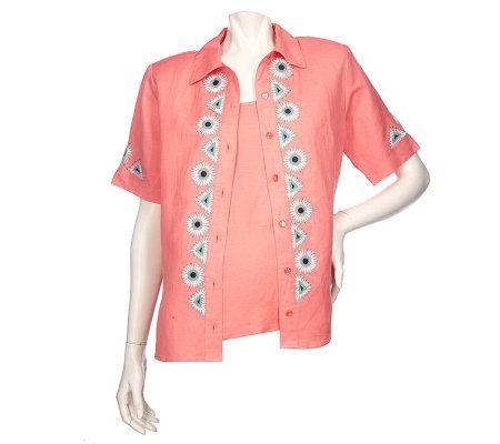 Bob Mackies Embroidered Camp Shirt and Tank Set - A201759