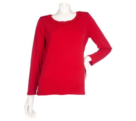 Susan Graver Liquid Knit Jewel Neck Top with Neckline Embellishment - A210859