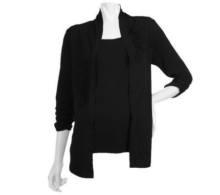 Susan Graver Liquid Knit Ruched Sleeve Cardigan Set w/Soutache Trim - A213559