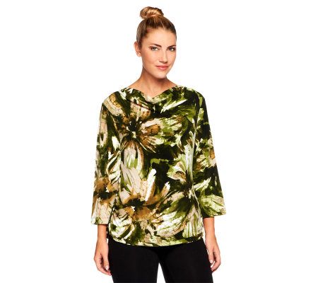 Susan Graver Printed Liquid Knit Drape Neck Top with Ruching - A217959