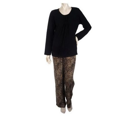 Carole Hochman Stretch Jersey 2-pc. PJ Set w/ Solid Top and Printed Bottom - A218059