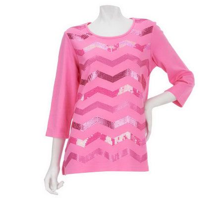 Quacker Factory Zig Zag Sequin Stripe 3/4 Sleeve T-shirt - A224559