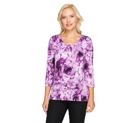 Susan Graver Floral Printed Liquid Knit Scoop Neck Top - A226859