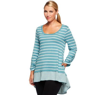 LOGO by Lori Goldstein Striped Knit Top with Hi-Low Hem - A227459