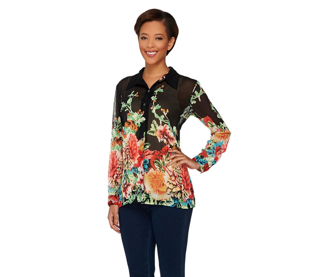 Susan Graver Crinkle Chiffon Border Print Button Front Big Shirt - A231759