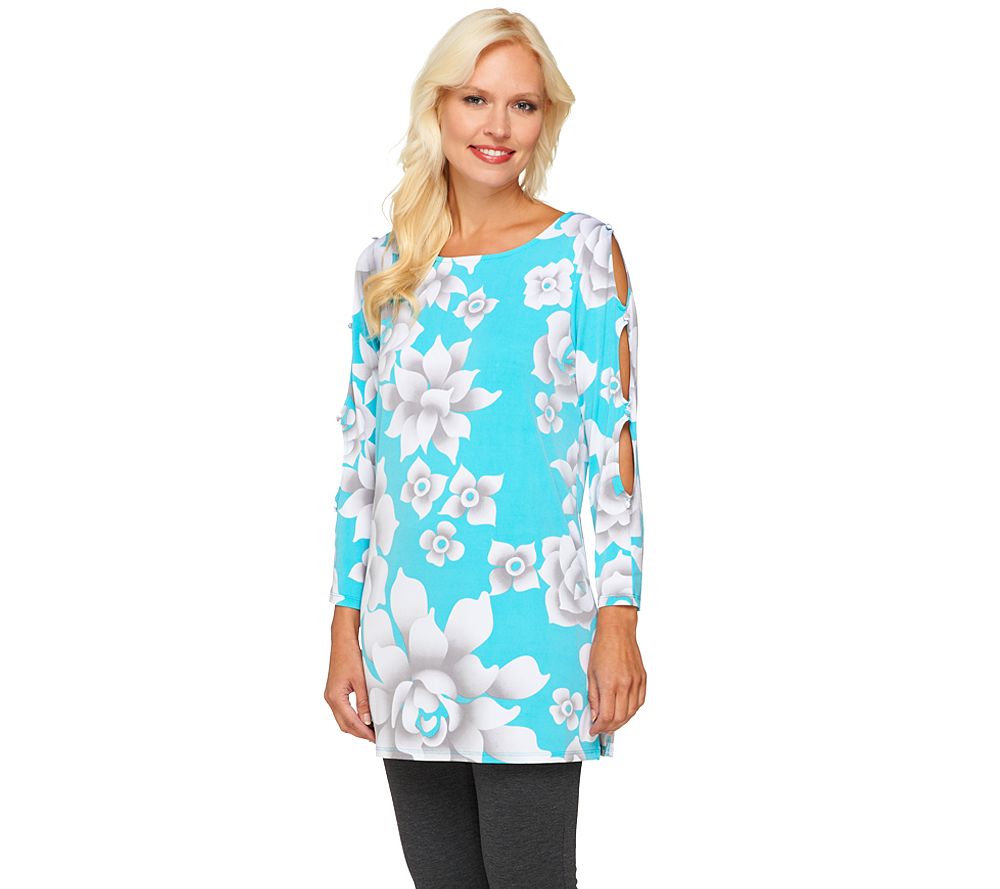 Bob Mackies Scoop Neck Flower Print Tunic w/ Sleeve Cut-Out Detail - A232559