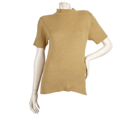 Susan Graver Metallic Short Sleeve Mockneck Sweater - A35359