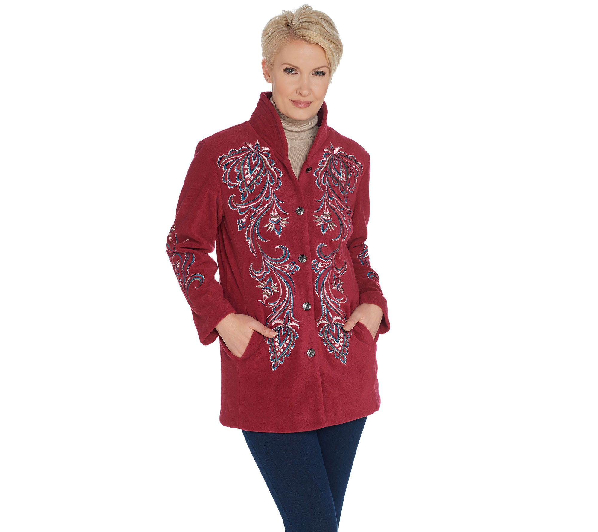 Bob Mackies Embroidered Fleece Jacket with Quilted Collar - A11560