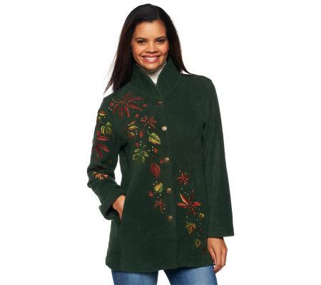 Bob Mackies Embroidered Fleece Jacket with Quilted Collar - A11560