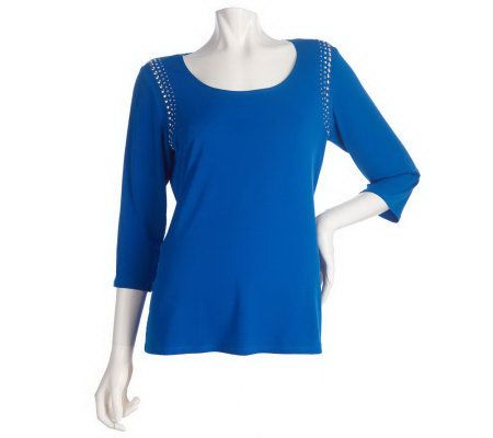 Susan Graver Liquid Knit Scoop Neck Top with Shoulder Embellishments - A200660