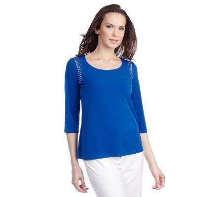 Susan Graver Liquid Knit Scoop Neck Top with Shoulder Embellishments