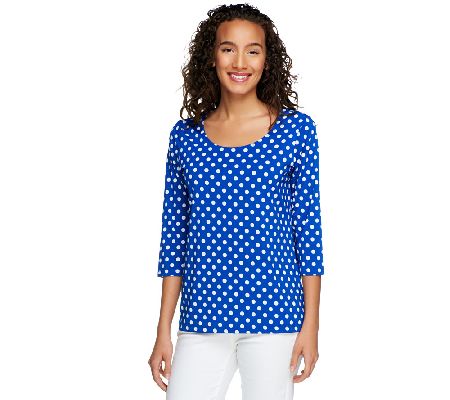 Susan Graver Liquid Knit U-Neck Top with Dot Print and 3/4 Sleeves - A201960