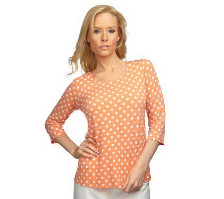Susan Graver Liquid Knit U-Neck Top with Dot Print and 3/4 Sleeves - A201960