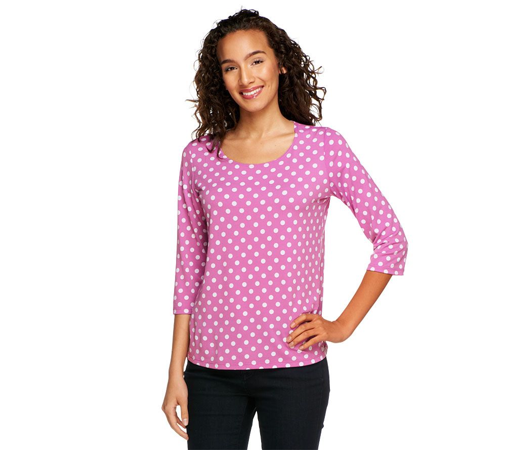 Susan Graver Liquid Knit U-Neck Top with Dot Print and 3/4 Sleeves - A201960