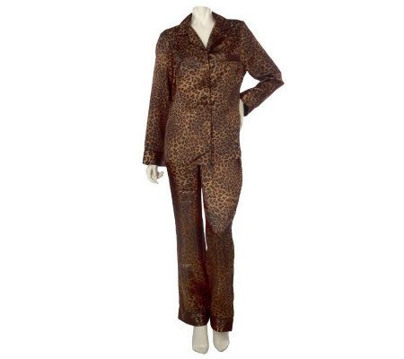 Dennis Basso Satin Animal Print Button Top Pajama Set - A219660