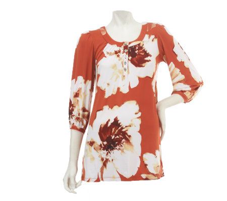 Susan Graver Jersey Knit Floral Print Henley Top with Shirring - A224860