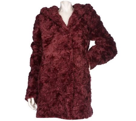 Dennis Basso Curly Faux Fur Coat with Button Closure and Hood - A96460