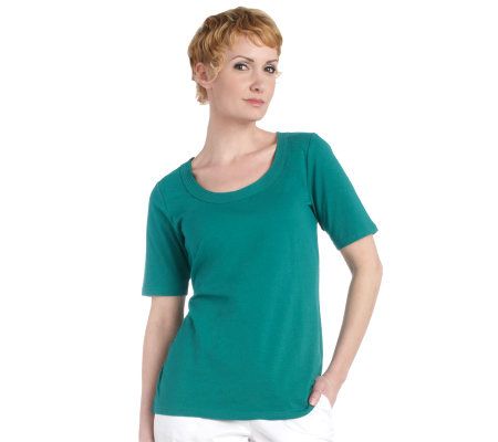 Liz Claiborne New York Scoop Neck T-Shirt with Woven Trim - A213161