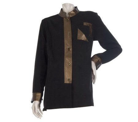 Bob Mackies Button Front Blouse with Faux Leather Trim - A218561