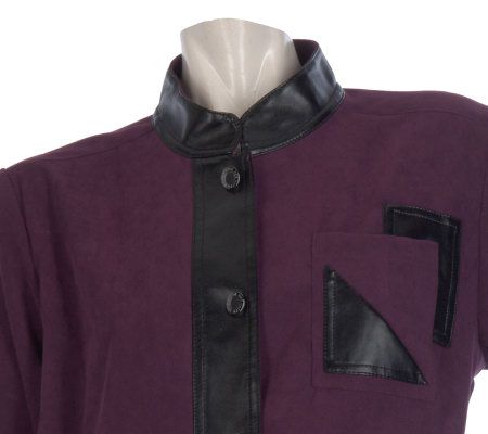 Bob Mackies Button Front Blouse with Faux Leather Trim