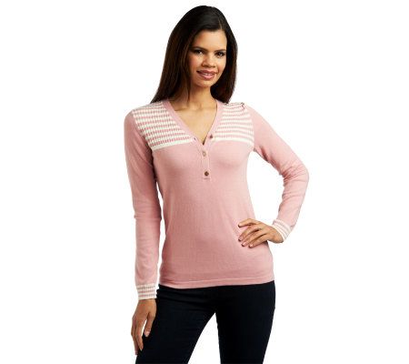 Liz Claiborne New York Henley Sweater with Striped Yoke & Cuffs - A219161