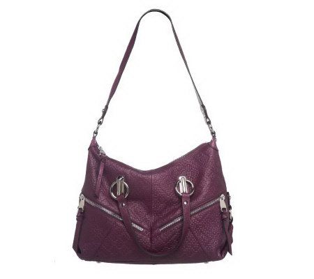 B. Makowsky Woven Leather Embossed Zip Top Hobo w/ Zip Pockets - A221761