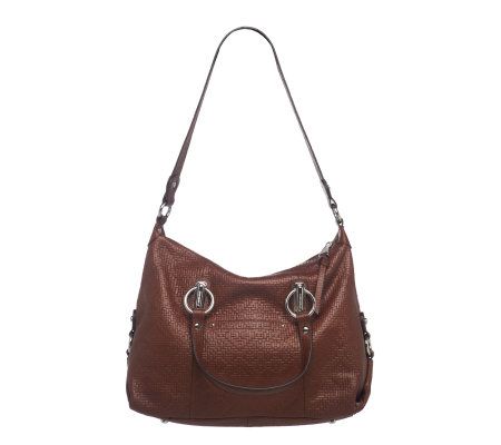 B. Makowsky Woven Leather Embossed Zip Top Hobo w/ Zip Pockets