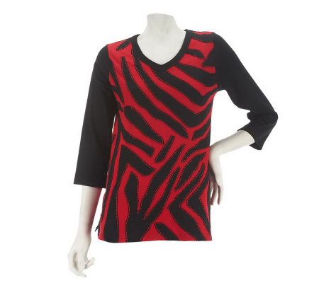 Susan Graver Cotton Knit Contrast Applique Top with V-neck - A224861