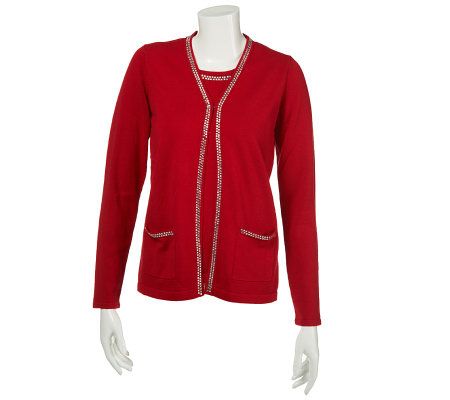 Quacker Factory Long Sleeve Sweater Duet with Square Rhinestone Trim - A227761