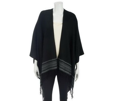 Liz Claiborne New York Border Striped Ruana with Fringe Detail - A228761