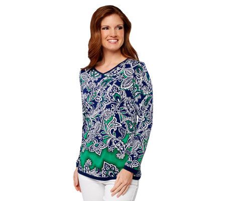Linea by Louis DellOlio Placed Print Long Sleeve V-Neck Tunic - A232361