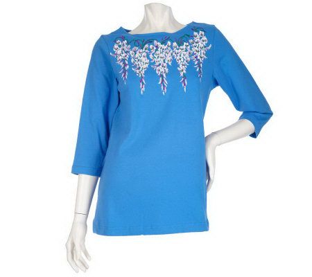 Bob Mackies Wisteria Embroidered 3/4 Sleeve Knit Top - A200162