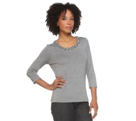 Isaac Mizrahi Live! Pearl Neck Trim 3/4 Sleeve Knit Top - A217662