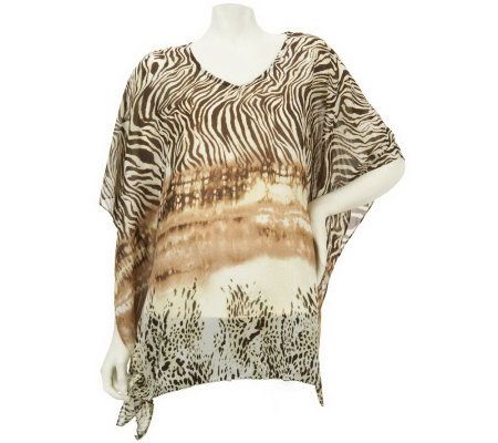 Susan Graver Mixed Animal Print Chiffon V-Neck Scarf Top - A224862