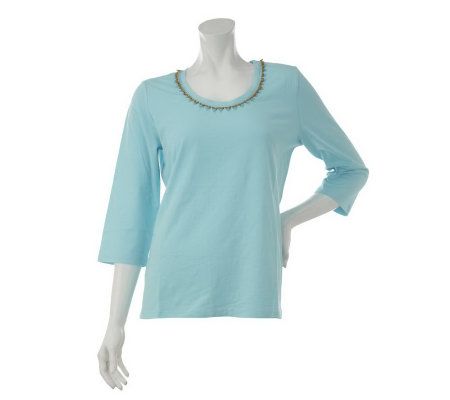 Denim & Co. 3/4 Sleeve Scoop Neck Top with Beaded Neckline Trim - A231862