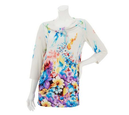 Susan Graver Printed Liquid Knit Drape Neck Top w/ 3/4 Sleeves - A231962