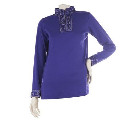 Quacker Factory Sparkle Paisley Sequin Mandarin Collar Knit Top - A84562