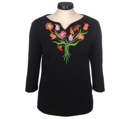 Bob Mackies 3/4 Sleeve Embroidered Floral Bouquet Split Neck Top - A8562