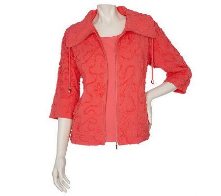 Susan Graver Cotton Lawn Soutache Trim Zip Jacket and Knit Tank Set - A90462