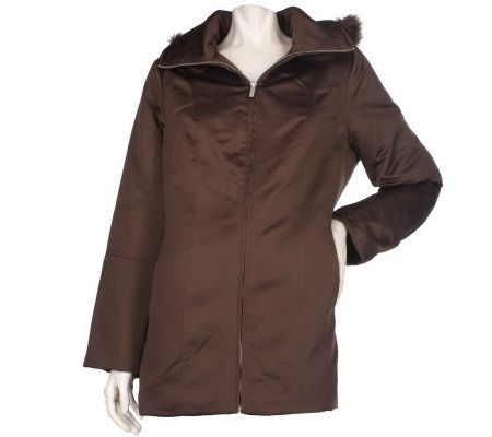 Dennis Basso Satin Jacket with Faux Fur Detachable Hood & Funnel Collar - A96462