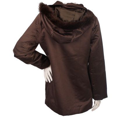 Dennis Basso Satin Jacket with Faux Fur Detachable Hood & Funnel Collar