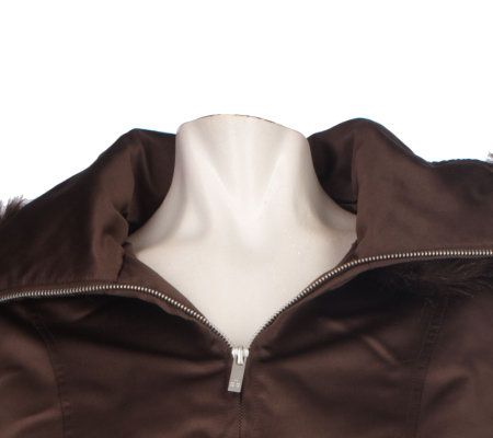 Dennis Basso Satin Jacket with Faux Fur Detachable Hood & Funnel Collar