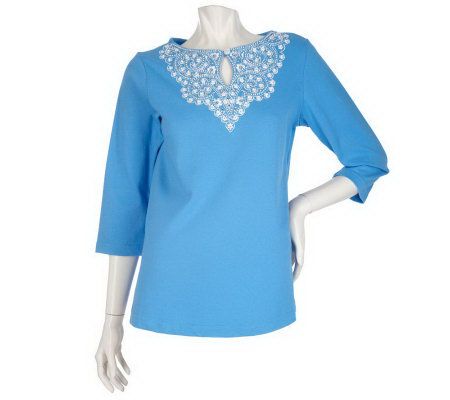 Bob Mackies Embroidered Daisy Yoke Top with 3/4 Sleeves - A200163