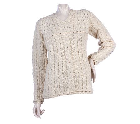 Merino Wool Aran Stitch Split Neck Sweater - A219163