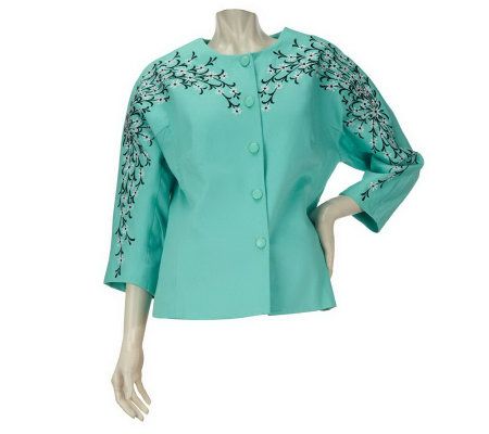Bob Mackies Blossom Embroidered Button Front Pique Jacket - A223763