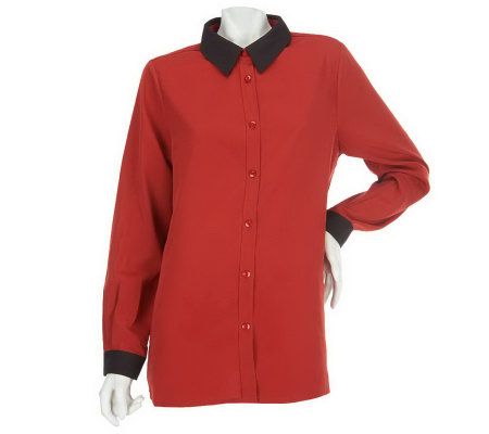 Susan Graver Cool Peach Big Shirt with Contrast Collar & Cuffs - A226863