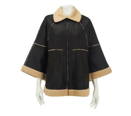 Dennis Basso Distressed Faux Suede Cape with Faux Sherpa Lining - A228363