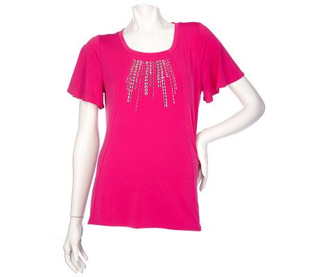 Susan Graver Liquid Knit Scoop Neck Top with Stud Embellishments - A200664