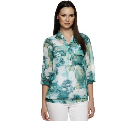 Susan Graver Printed Chiffon Pull Over Y-neck Blouse w/Banded Bottom - A214164
